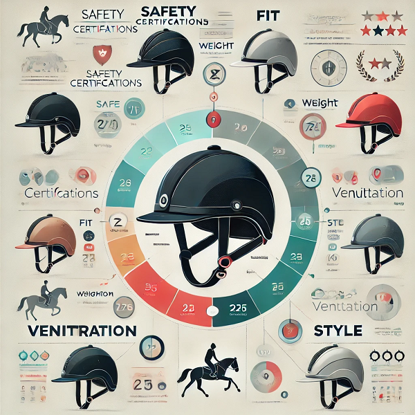 Infografika porównująca różne kaski jeździeckie. Zawiera kategorie: bezpieczeństwo (certyfikaty), dopasowanie, waga, wentylacja oraz styl. Grafika jest przejrzysta i kolorowa, z prostymi ikonami i etykietami, ułatwiającymi szybkie porównanie cech kasków jeździeckich. Tło jest jasne i neutralne, aby skupić uwagę na treści infografiki.