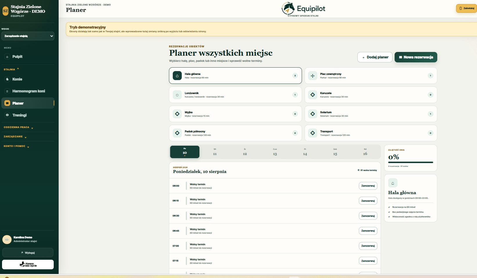 Planer rezerwacji w aplikacji EquiPilot